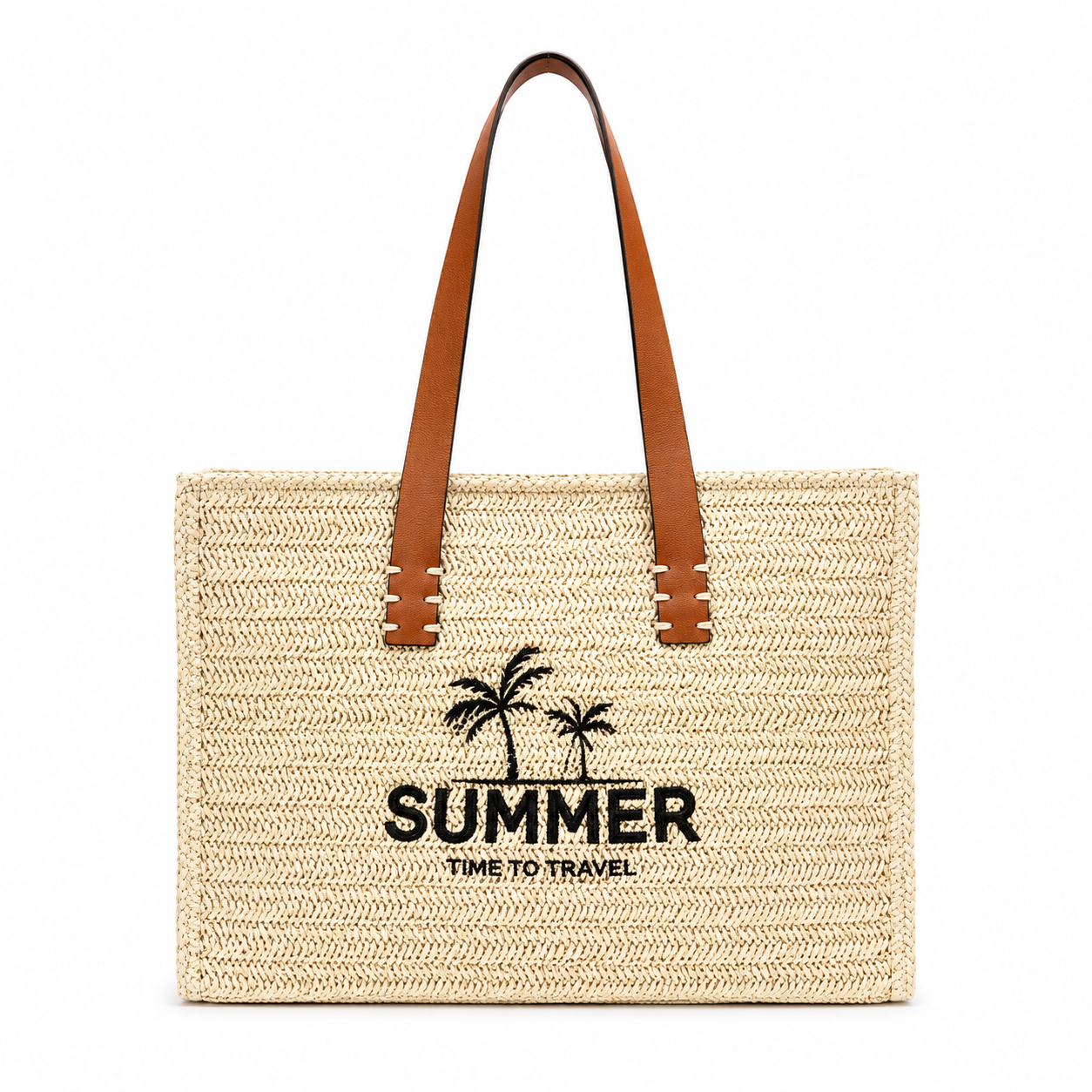 Summer straw tote bag with embroidered palm trees and tan PU leather handles, large beach and travel handbag — MOUJ Egypt