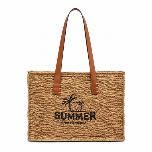 Detail of summer straw tote showing palm tree embroidery in black thread and tan PU leather handles — MOUJ Egypt