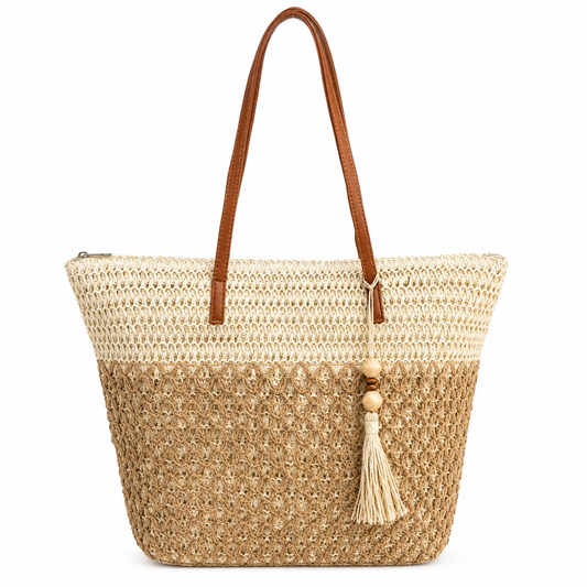 Detail of honeycomb crochet tote showing geometric openwork weave and PU leather handle stitching — MOUJ Egypt