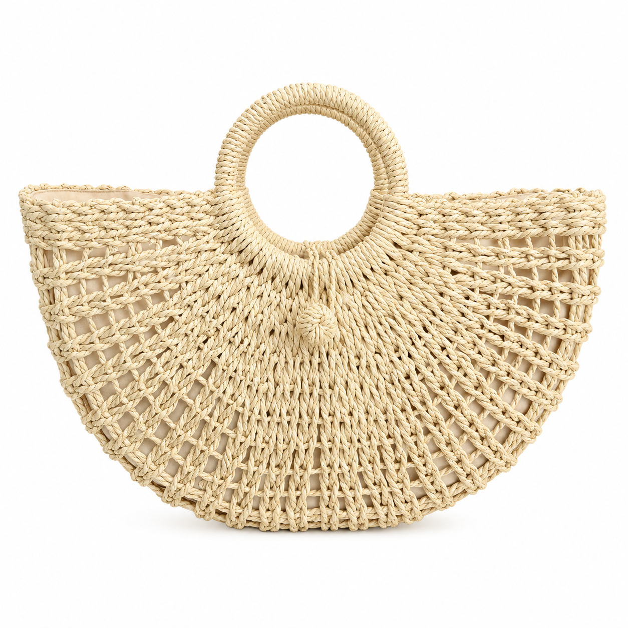Cream openwork half-moon straw bag with round woven center handle, handcrafted resort bag — MOUJ Egypt
