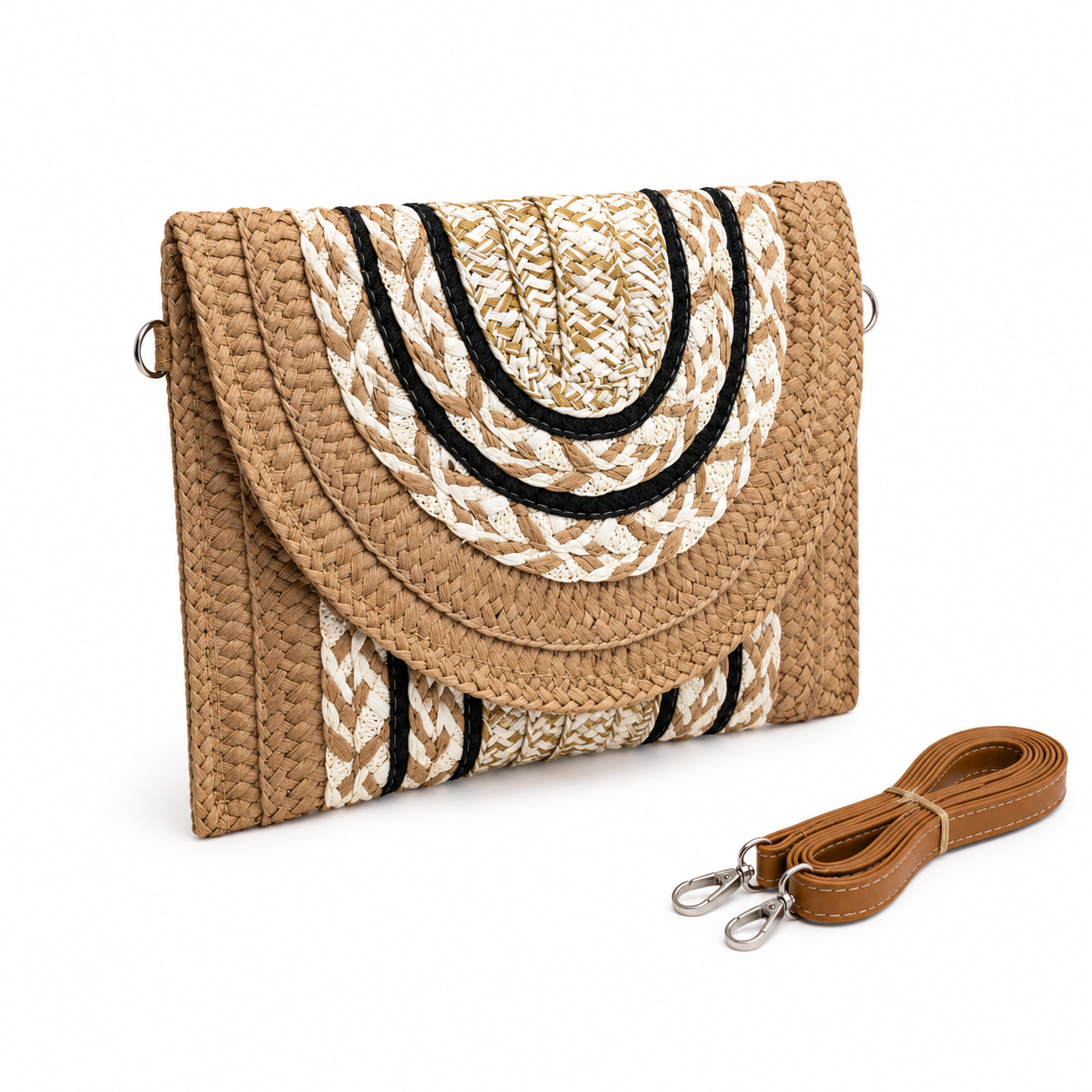 Detail of chevron clutch showing black and tan geometric embroidery on natural straw — MOUJ Egypt