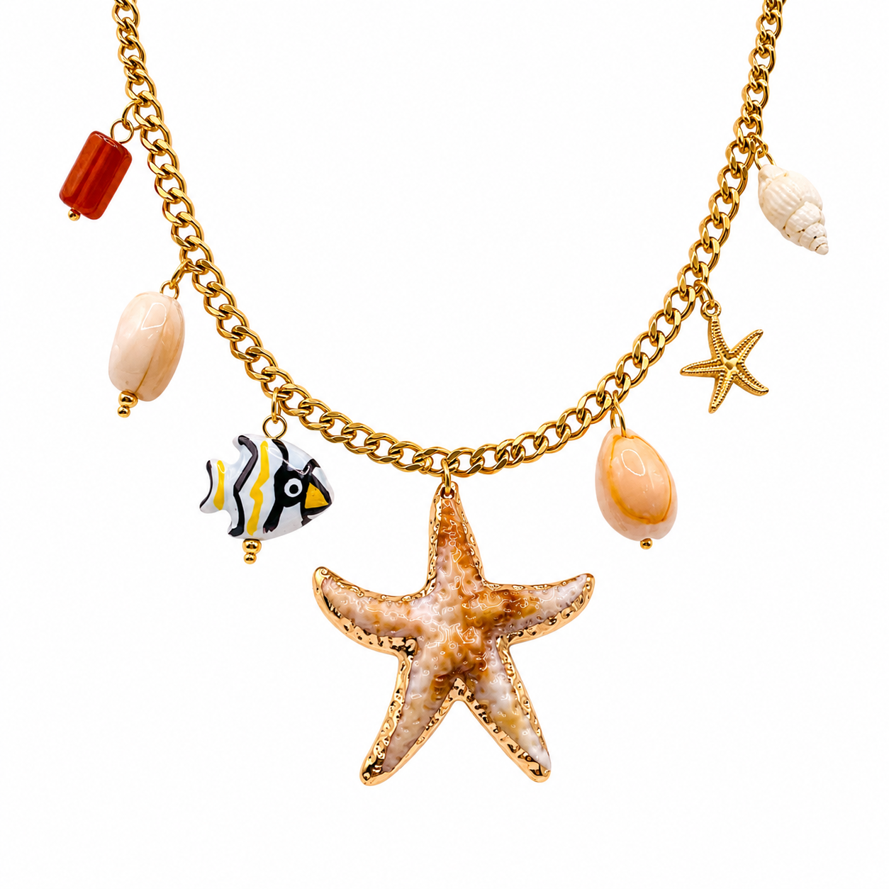 Gold curb chain necklace with starfish pendant and tropical fish charms