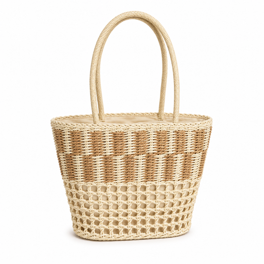 Two-tone woven straw bucket tote bag in cream and tan with sturdy top handles, handmade beach handbag — MOUJ Egypt