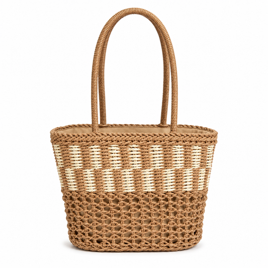 Close-up of cream and tan two-tone woven straw bucket tote showing tight checkerboard weave and openwork mesh — MOUJ Egypt