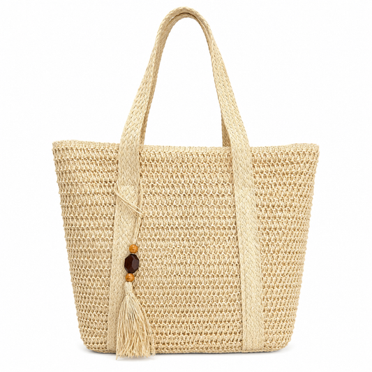 Cream crochet beach tote bag with raffia tassel and wooden beads, lightweight boho shoulder bag — MOUJ Egypt