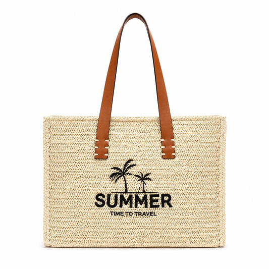 Summer straw tote bag with embroidered palm trees and tan PU leather handles, large beach and travel handbag — MOUJ Egypt