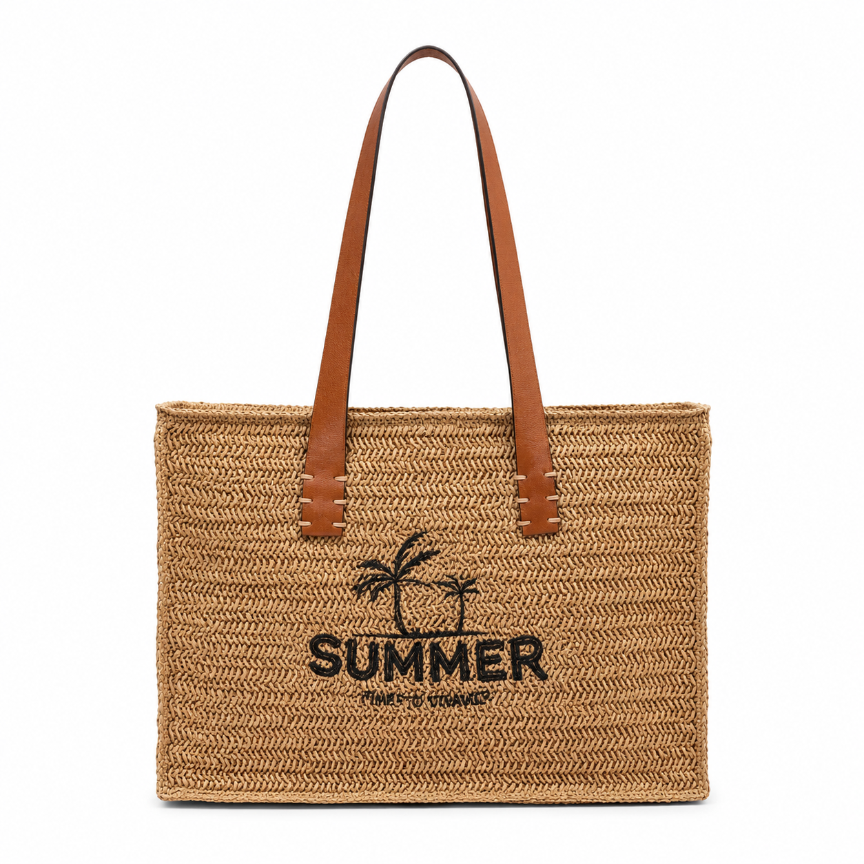 Detail of summer straw tote showing palm tree embroidery in black thread and tan PU leather handles — MOUJ Egypt