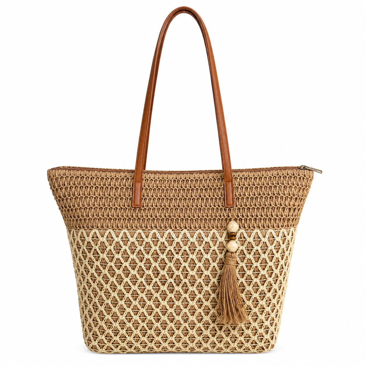 Honeycomb two-tone crochet tote bag with tan PU leather handles, tassel and zip-top closure — MOUJ Egypt