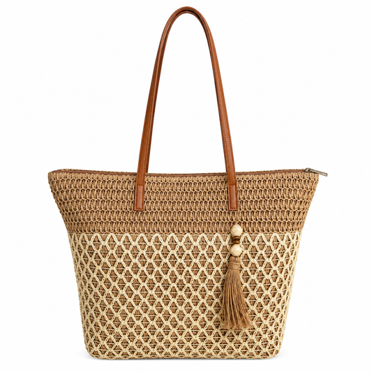Honeycomb two-tone crochet tote bag with tan PU leather handles, tassel and zip-top closure — MOUJ Egypt