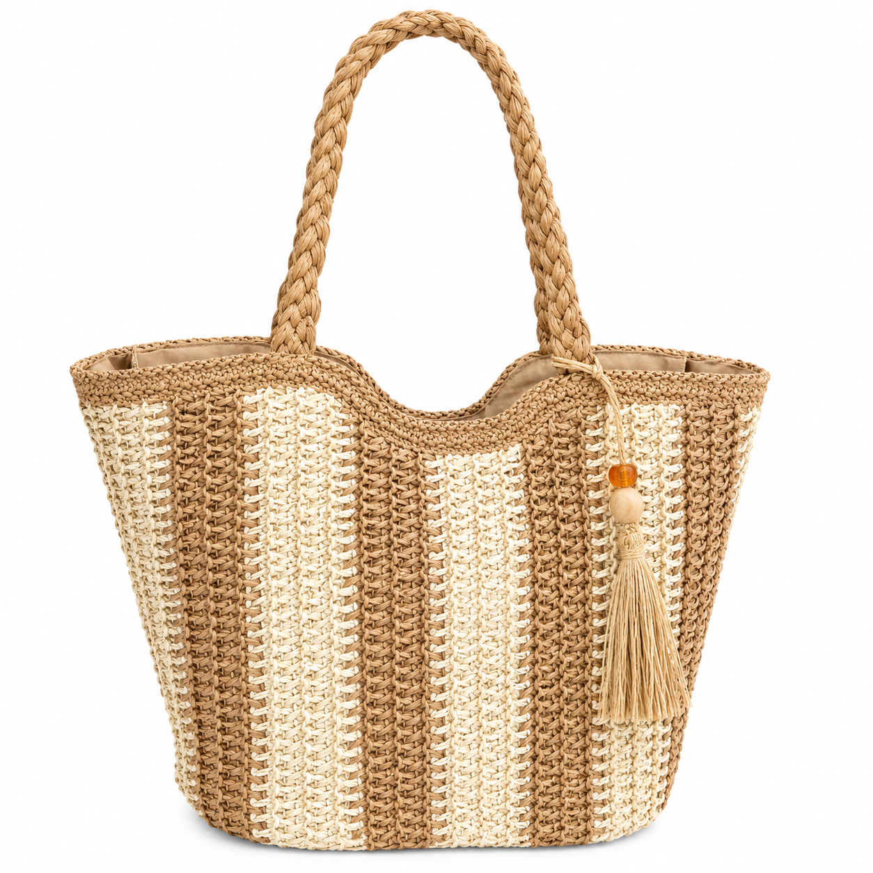 Brown and cream striped crochet beach tote bag with thick braided rope handles and raffia tassel — MOUJ Egypt