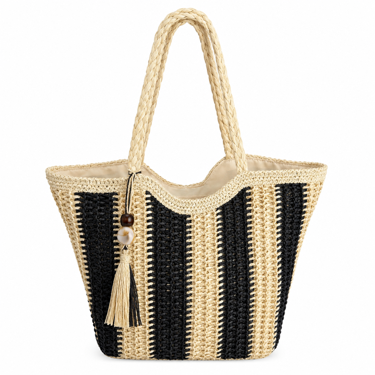 Detail of striped crochet beach tote showing braided rope handles and crochet stripe pattern — MOUJ Egypt
