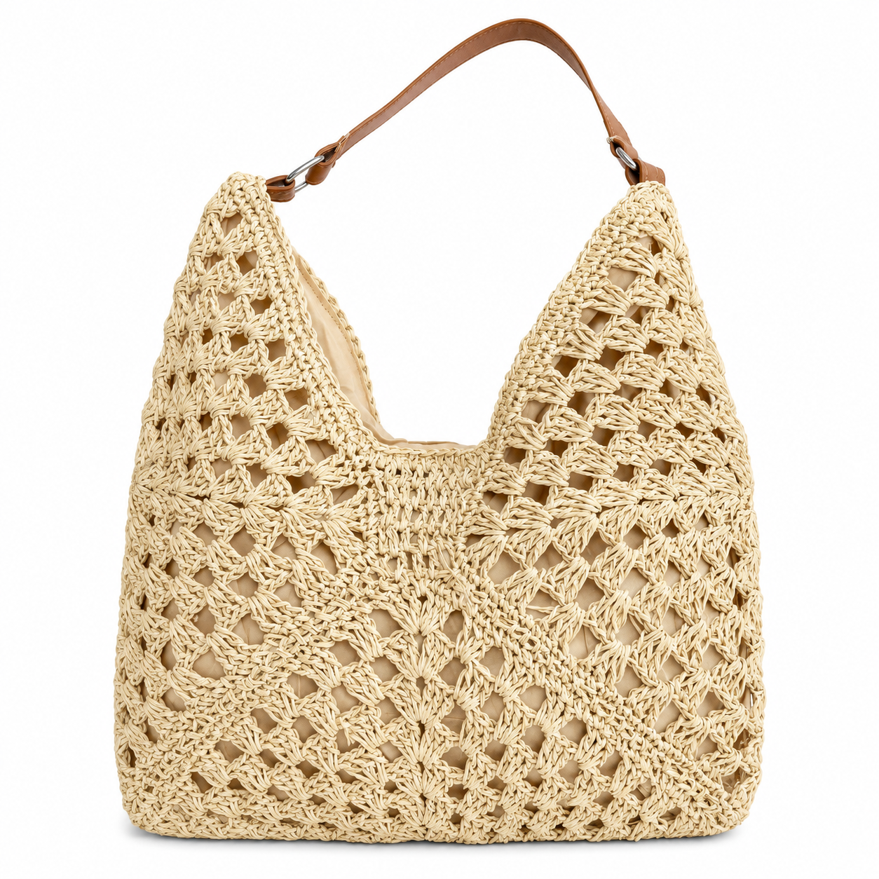 Cream slouchy hobo crochet shoulder bag with tan PU leather strap and open lattice lacework pattern — MOUJ Egypt