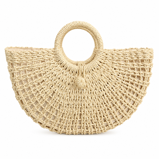 Cream openwork half-moon straw bag with round woven center handle, handcrafted resort bag — MOUJ Egypt