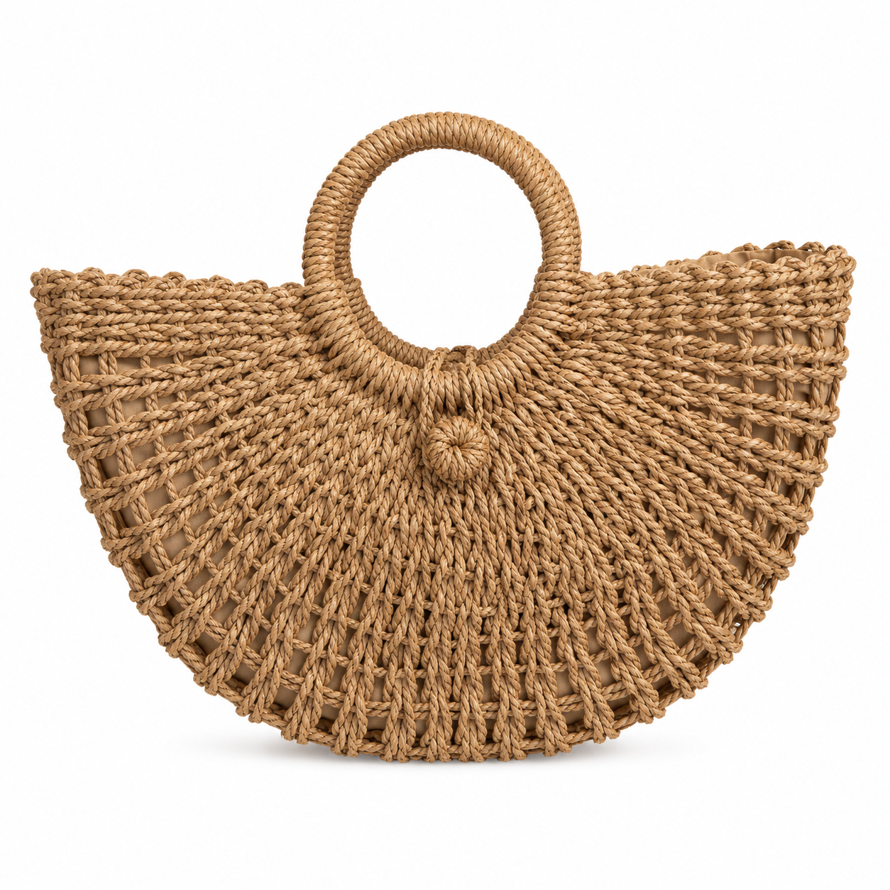 Detail of half-moon straw bag showing airy openwork crochet pattern and round center handle — MOUJ Egypt