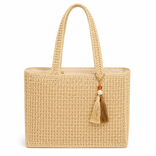 Classic cream crochet tote bag with raffia tassel and wooden beads, everyday shoulder bag — MOUJ Egypt