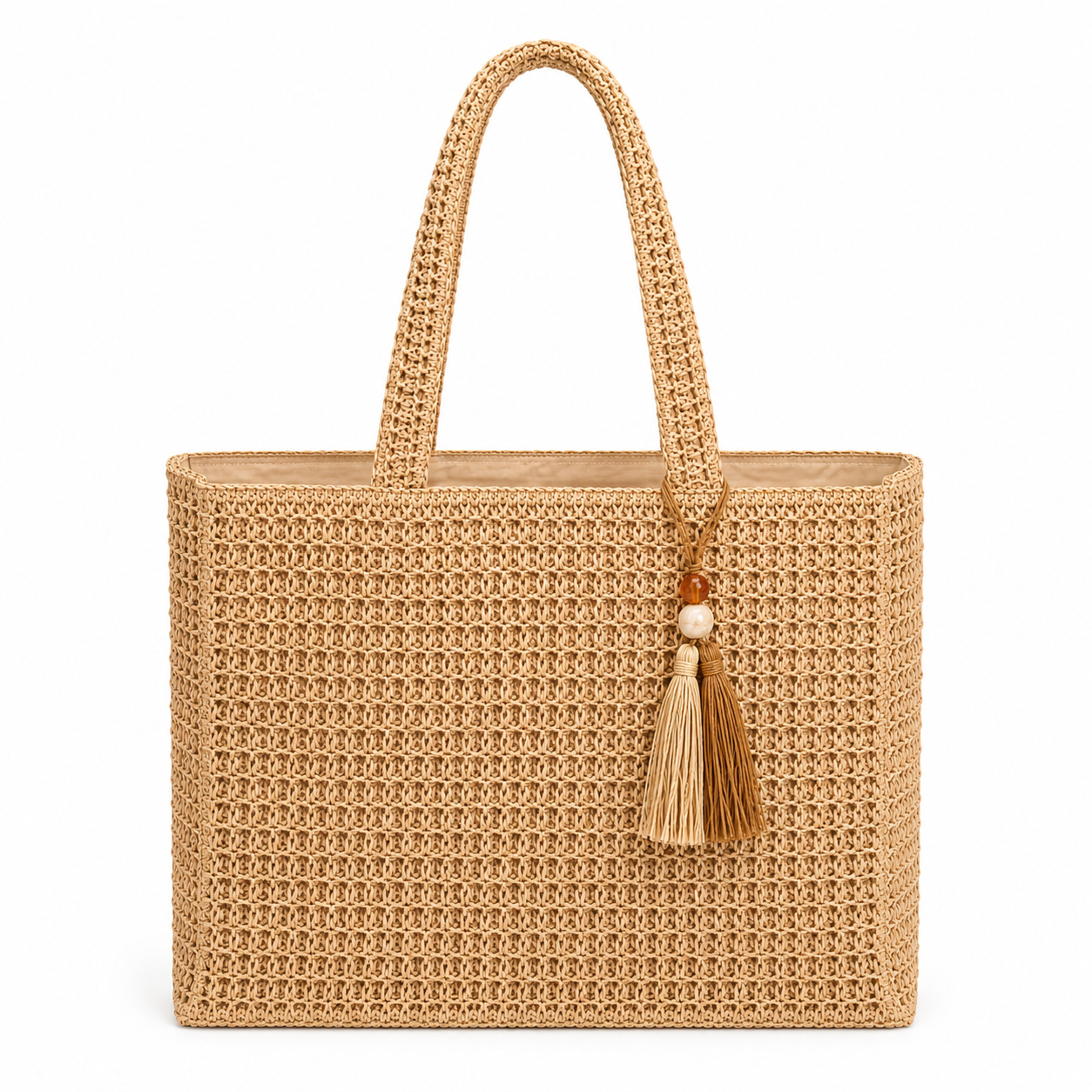 Detail of classic crochet tote showing tight cream cotton weave and wrapped top handles — MOUJ Egypt