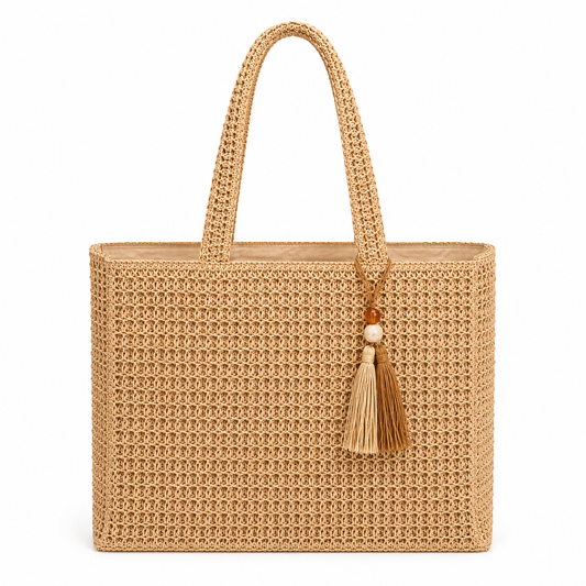 Detail of classic crochet tote showing tight cream cotton weave and wrapped top handles — MOUJ Egypt