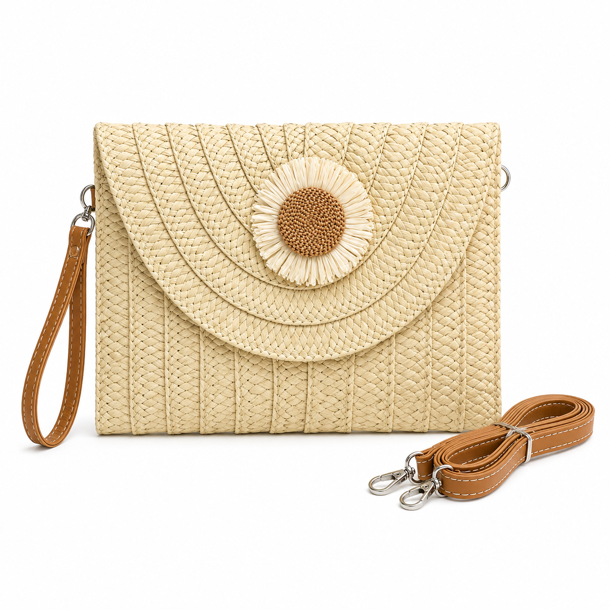Hand-embroidered sunflower straw envelope clutch with detachable crossbody strap, evening wristlet — MOUJ Egypt