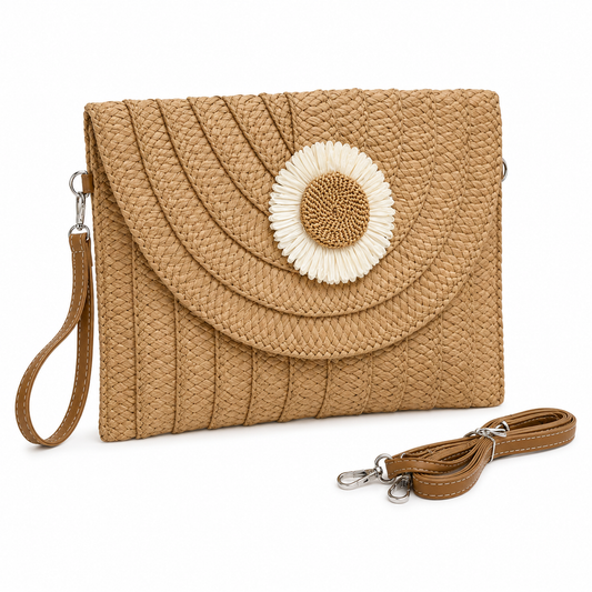 Detail of sunflower clutch showing hand-embroidered yellow sunflower on natural straw — MOUJ Egypt