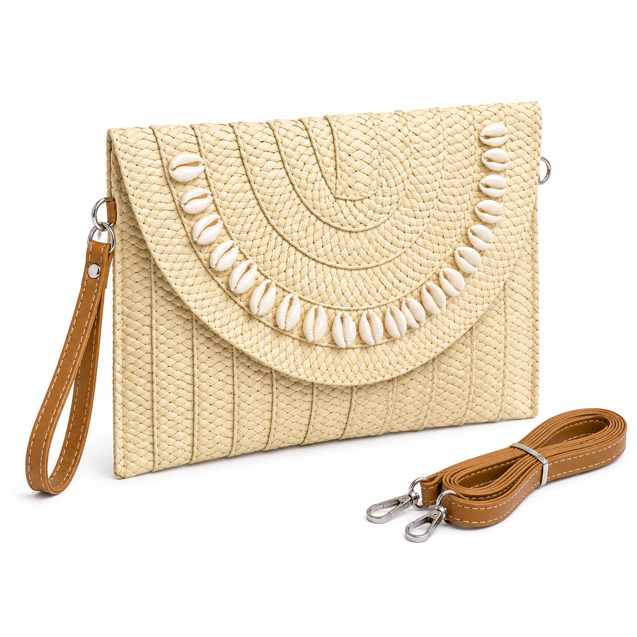 Cowrie shell straw envelope clutch with hand-sewn shells and crossbody strap, boho evening bag — MOUJ Egypt