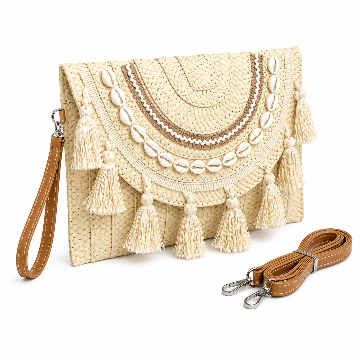 Boho tassel and cowrie shell straw clutch with statement fringe and crossbody strap — MOUJ Egypt