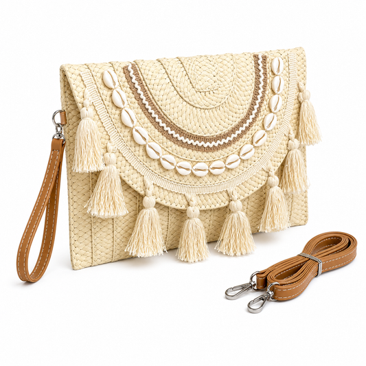 Boho tassel and cowrie shell straw clutch with statement fringe and crossbody strap — MOUJ Egypt