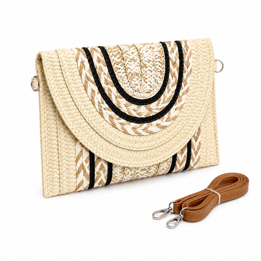 Embroidered geometric chevron straw envelope clutch with crossbody strap, modern boho wristlet — MOUJ Egypt