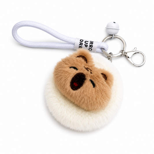 Cream plush faux-fur compact mirror keychain with folding dual-sided magnifying mirror — MOUJ Egypt