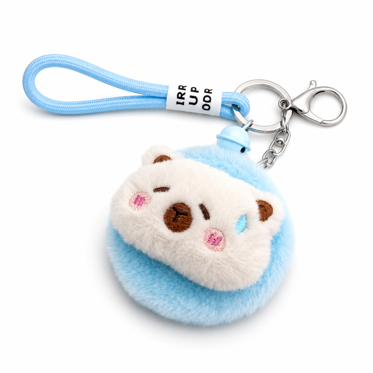 Detail of plush faux-fur mirror keychain showing soft polyester fur and metal ring — MOUJ Egypt