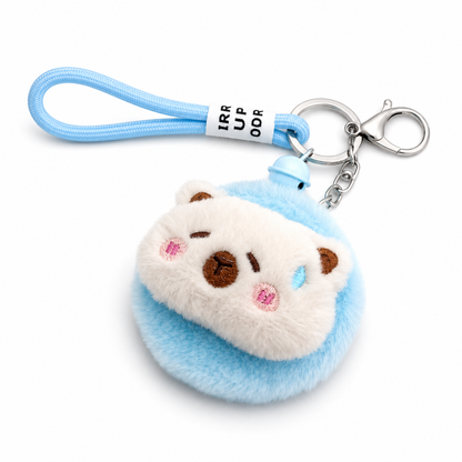 Detail of plush faux-fur mirror keychain showing soft polyester fur and metal ring — MOUJ Egypt