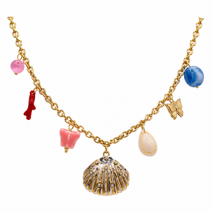 Gold-tone charm necklace with rhinestone scallop shell pendant and coral cluster