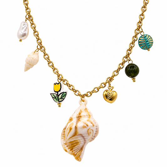 Gold chain necklace with striped conch pendant pearl and tulip charms