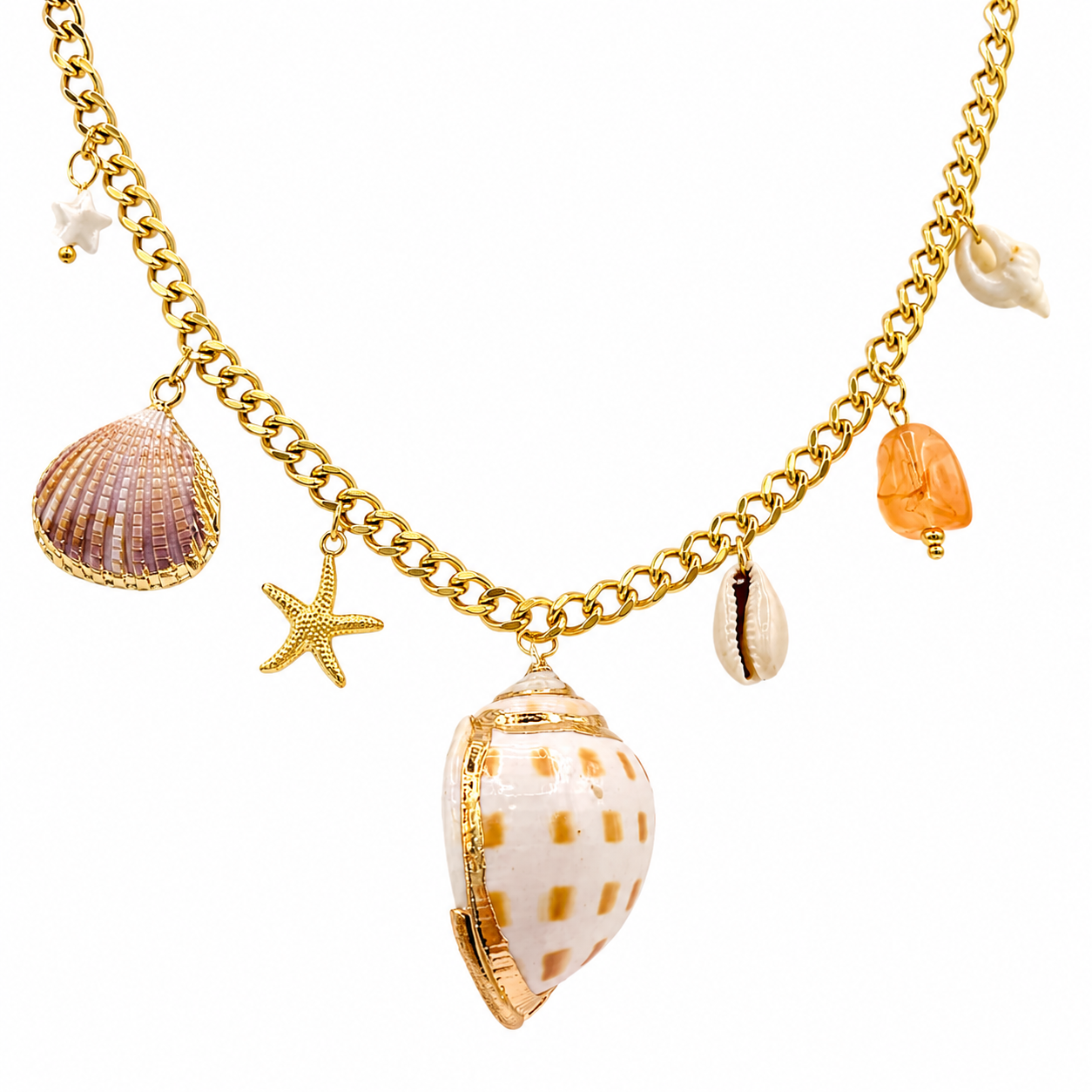 Gold curb chain necklace with spotted cone shell pendant and pearl charms
